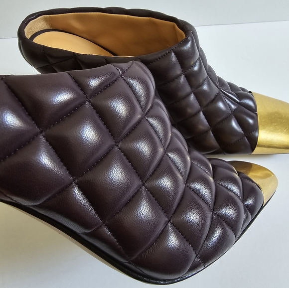 Bottega Veneta Quilted Leather Metallic Toe High Heel Mules Size 39 Wine… - Picture 5 of 15